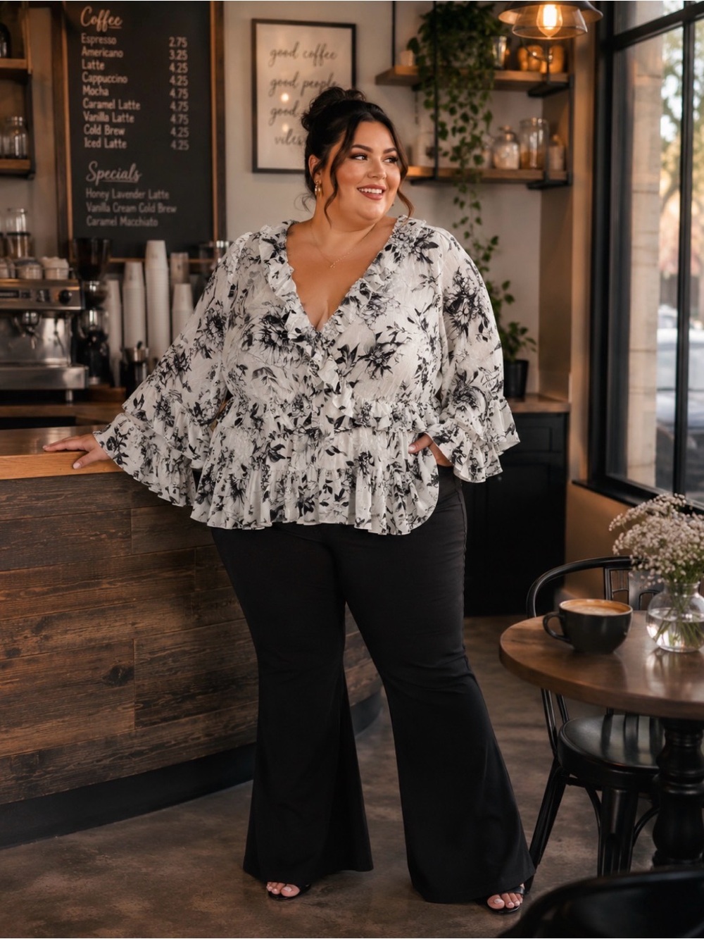 IT’S PINK  White Blouse with Black Floral Ruffle V-Neck